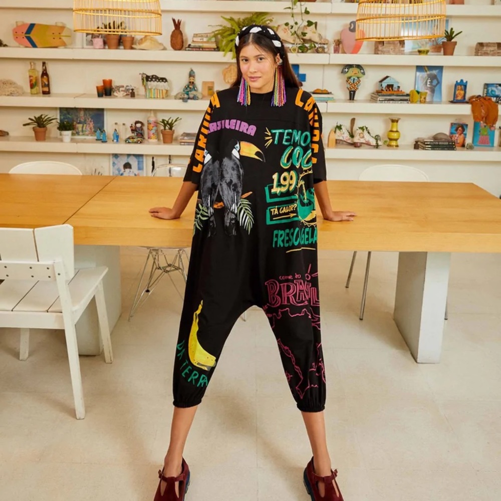 Farm Rio Mixed Graphic Black Jumpsuit Xs/S
